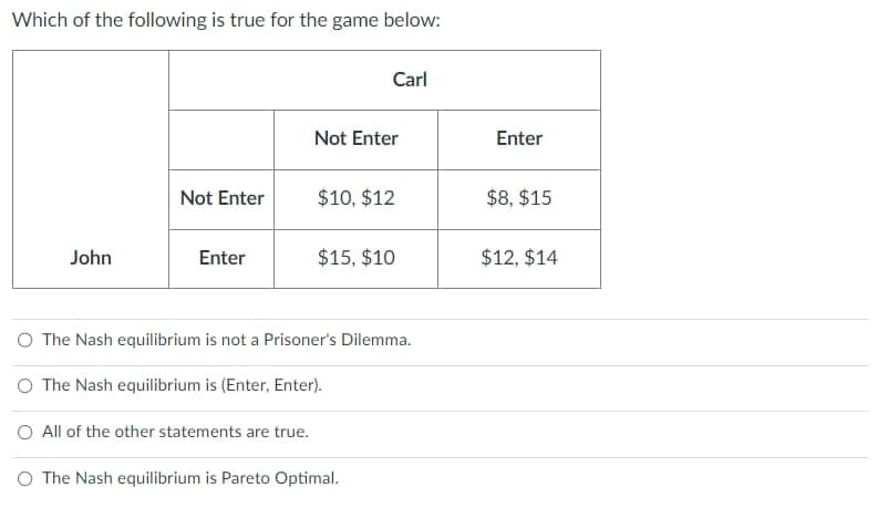 Which of the following is true for the game below:
John
Not Enter
Enter
Not Enter
All of the other statements are true.
Carl
$10, $12
$15, $10
O The Nash equilibrium is not a Prisoner's Dilemma.
O The Nash equilibrium is (Enter, Enter).
O The Nash equilibrium is Pareto Optimal.
Enter
$8, $15
$12, $14