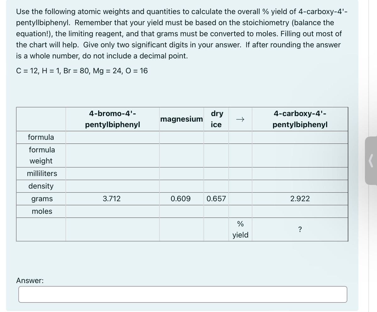 Use the following atomic weights and quantities to calculate the overall % yield of 4-carboxy-4'-
pentyllbiphenyl. Remember that your yield must be based on the stoichiometry (balance the
equation!), the limiting reagent, and that grams must be converted to moles. Filling out most of
the chart will help. Give only two significant digits in your answer. If after rounding the answer
is a whole number, do not include a decimal point.
C = 12, H = 1, Br = 80, Mg = 24, 0 = 16
4-bromo-4'-
pentylbiphenyl
dry
magnesium
ice
formula
formula
weight
milliliters
density
grams
moles
3.712
0.609
0.657
Answer:
↑
4-carboxy-4'-
pentylbiphenyl
2.922
%
?
yield