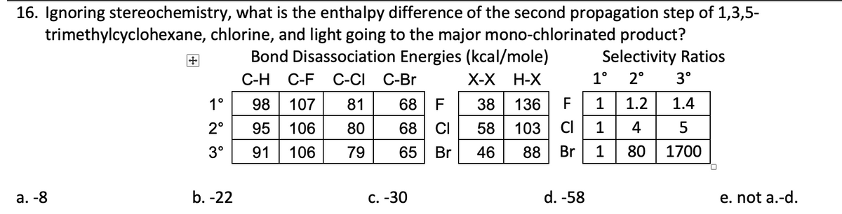 16. Ignoring stereochemistry, what is the enthalpy difference of the second propagation step of 1,3,5-
trimethylcyclohexane, chlorine, and light going to the major mono-chlorinated product?
+
Bond Disassociation Energies (kcal/mole)
Selectivity Ratios
C-H C-F C-CI C-Br
X-X H-X
1º 2° 3°
1༠
98 107
81
68 F 38 136 F 1
1.2 1.4
2°
95 106
80
68
CI
58 103 Cl 1
4
5
3°
91 106
79
65
Br
46
88
Br 1
80
1700
a. -8
b. -22
c. -30
d. -58
e. not a.-d.