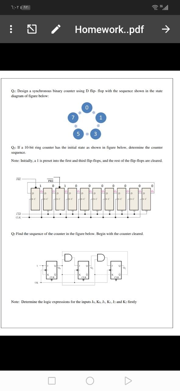 令all
Homework..pdf
>
Q1: Design a synchronous binary counter using D flip- flop with the sequence shown in the state
diagram of figure below:
7
1
5 3
Q2: If a 10-bit ring counter has the initial state as shown in figure below, determine the counter
sequence.
Note: Initially, a 1 is preset into the first and third flip-flops, and the rest of the flip-flops are cleared.
PRE
PRE
1
1
D
D
D
CLR
CLK
Q: Find the sequence of the counter in the figure below. Begin with the counter cleared.
D
10.
K
CLR
K
CLR
of
K
CLR
CK
Note: Determine the logic expressions for the inputs Jo, Ko, Ji, K1, Jz and K2 firstly
