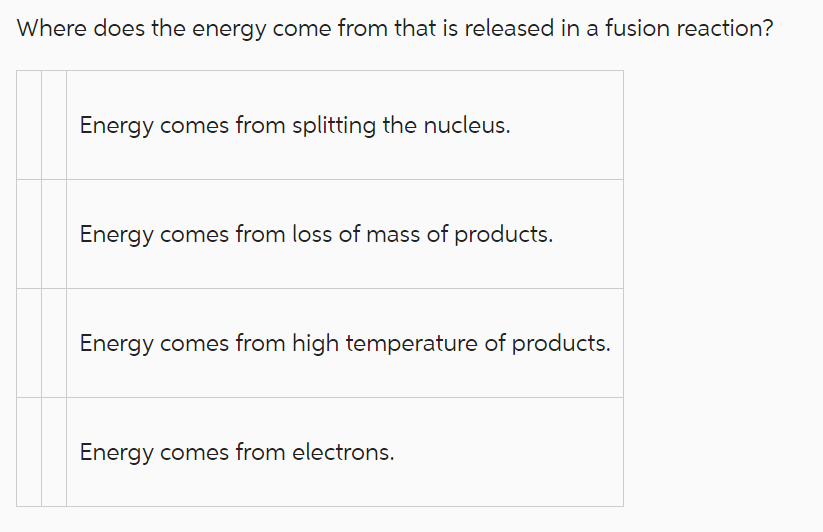 Where does the energy come from that is released in a fusion reaction?
Energy comes from splitting the nucleus.
Energy comes from loss of mass of products.
Energy comes from high temperature of products.
Energy comes from electrons.
