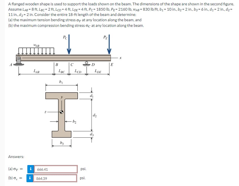 A flanged wooden shape is used to support the loads shown on the beam. The dimensions of the shape are shown in the second figure.
Assume LAB = 8 ft. LBc = 2 ft, LCD = 4 ft, LDE = 4 ft, PC= 1850 lb, PE = 2160 lb, WAB = 830 lb/ft, b₁ = 10 in., b₂ = 2 in., b3 = 6 in., d₁= 2 in., d₂ =
11 in., d3 = 2 in. Consider the entire 18-ft length of the beam and determine:
(a) the maximum tension bending stress or at any location along the beam, and
(b) the maximum compression bending stress oc at any location along the beam.
Answers:
(a) σT =
(b) a =
i
WAB
LAB
666.41
864.39
B
Pc
1
LBC
b₁
b3
C
LCD
-b₂
psi.
psi.
D
d₁
d3
LDE
PE
E
X