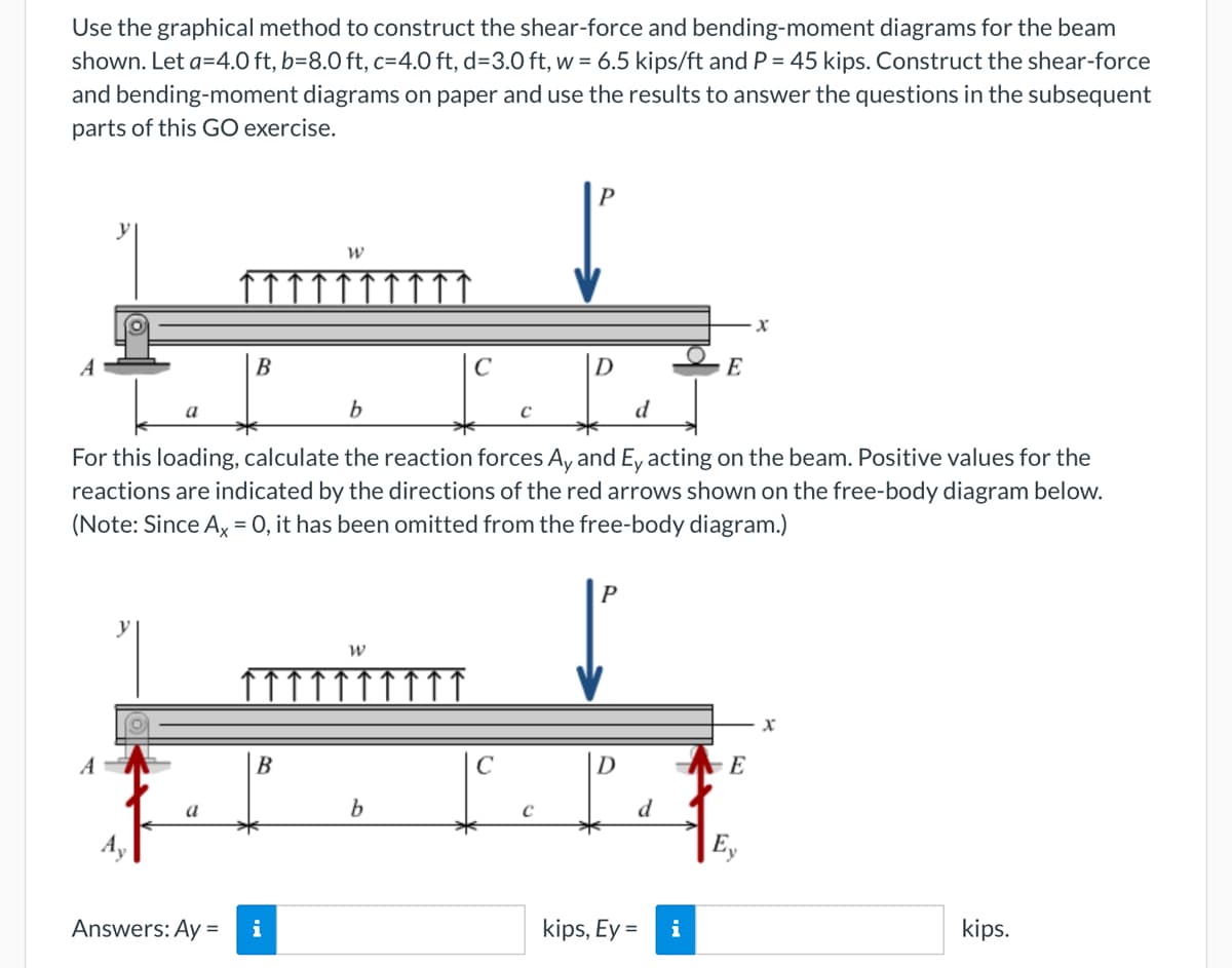 Use the graphical method to construct the shear-force and bending-moment diagrams for the beam
shown. Let a=4.0 ft, b=8.0 ft, c=4.0 ft, d=3.0 ft, w = 6.5 kips/ft and P = 45 kips. Construct the shear-force
and bending-moment diagrams on paper and use the results to answer the questions in the subsequent
parts of this GO exercise.
A
A
a
B
a
B
W
Answers: Ay = i
b
d
For this loading, calculate the reaction forces Ay and Ey acting on the beam. Positive values for the
reactions are indicated by the directions of the red arrows shown on the free-body diagram below.
(Note: Since Ax = 0, it has been omitted from the free-body diagram.)
W
с
b
C
C
P
C
D
P
kips, Ey =
d
E
i
E
X
'y
x
kips.