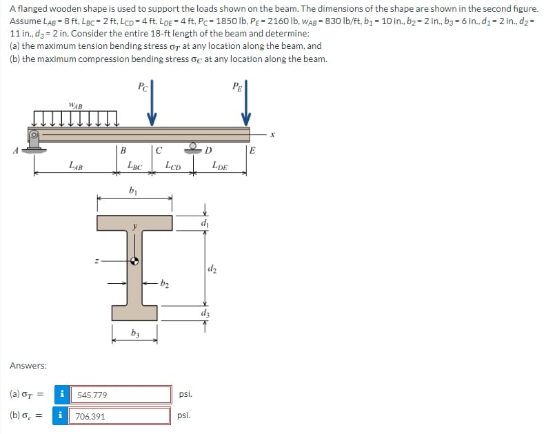 A flanged wooden shape is used to support the loads shown on the beam. The dimensions of the shape are shown in the second figure.
Assume LAB = 8 ft. LBc=2 ft, LCD= 4 ft, LDE= 4 ft, Pc = 1850 lb, PE = 2160 lb, WAB = 830 lb/ft, b₁ = 10 in., b2= 2 in., b3 = 6 in., d₁ = 2 in., d₂=
11 in., d3 = 2 in. Consider the entire 18-ft length of the beam and determine:
(a) the maximum tension bending stress or at any location along the beam, and
(b) the maximum compression bending stress oc at any location along the beam.
Answers:
(a) σT =
(b) a =
WAB
LAB
i 545.779
706.391
B
Pc
LBC
b₁
b3
C
LCD
-b₂
psi.
psi.
D
↓
d₁
LDE
d₂
PE
E