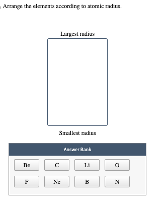 Arrange the elements according to atomic radius.
Be
F
Largest radius
Smallest radius
с
Ne
Answer Bank
Li
B
0
N