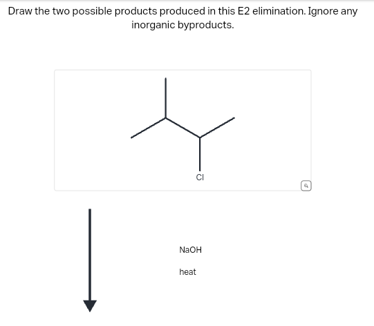 Draw the two possible products produced in this E2 elimination. Ignore any
inorganic byproducts.
CI
NaOH
heat
៨