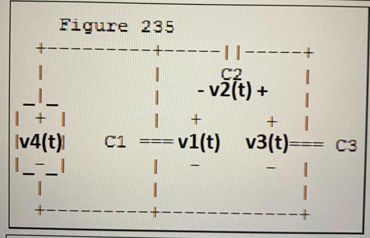 Figure 235
十--
--+
||
+.
--
C2
- v2(t) +
%3D
+ |
|v4(t)|
C1 === v1(t)
v3(t)=== c3
-+-
+-
