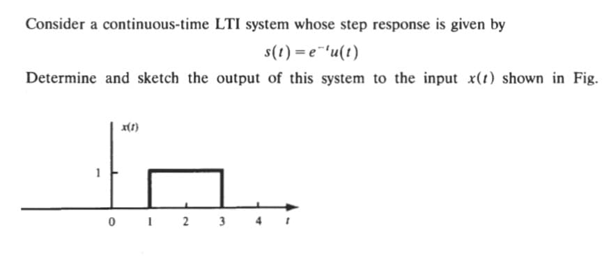 Consider a continuous-time LTI system whose step response is given by
s(t) = e 'u(t)
Determine and sketch the output of this system to the input x(t) shown in Fig.
x(1)
1
0 1
2 3 4

