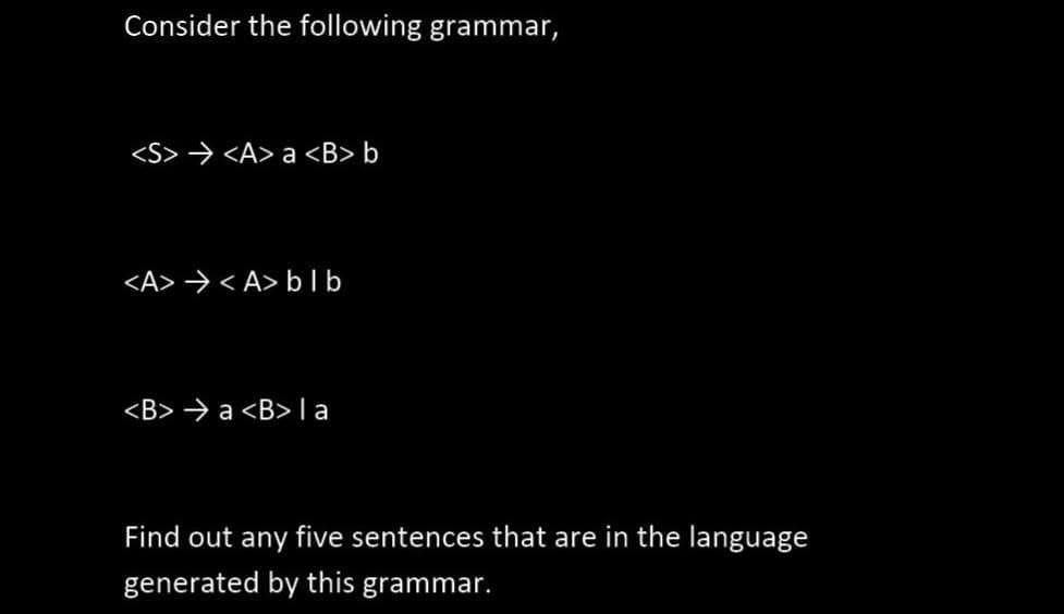Consider the following grammar,
<S> > <A> a <B> b
<A> → < A> blb
<B> > a <B>la
Find out any five sentences that are in the language
generated by this grammar.
