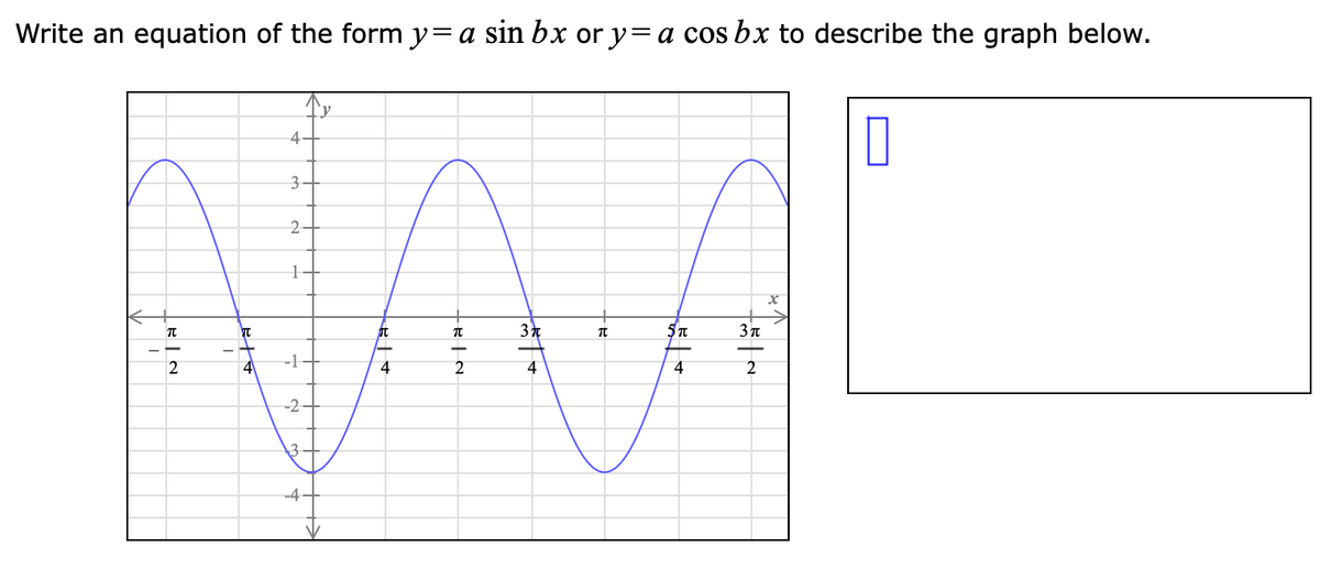 Write an equation of the form y=a sin bx or y=a cos bx to describe the graph below.
NAA
`y
4
2-
1
3 n
2
4
2
4
4
-2-
3
