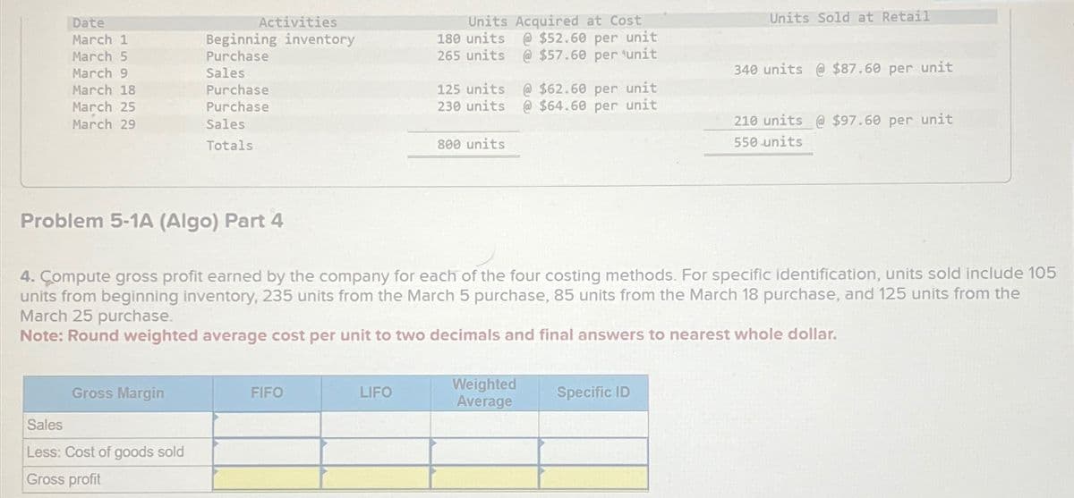 Date
March 1
March 5
March 9
March 18
March 25
March 29
Problem 5-1A (Algo) Part 4
Activities
Beginning inventory
Purchase
Sales
Purchase
Purchase
Sales
Totals
Gross Margin
Sales
Less: Cost of goods sold
Gross profit
FIFO
Units Acquired at Cost
@ $52.60 per unit
@ $57.60 per unit
LIFO
180 units
265 units
125 units
230 units
800 units
4. Compute gross profit earned by the company for each of the four costing methods. For specific identification, units sold include 105
units from beginning inventory, 235 units from the March 5 purchase, units from the March 18 purchase, and 125 units from the
March 25 purchase.
Note: Round weighted average cost per unit to two decimals and final answers to nearest whole dollar.
@ $62.60 per unit
@ $64.60 per unit
Weighted
Average
Units Sold at Retail
Specific ID
340 units @ $87.60 per unit
210 units @ $97.60 per unit
550 units