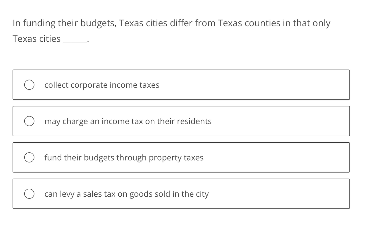In funding their budgets, Texas cities differ from Texas counties in that only
Texas cities
collect corporate income taxes
O may charge an income tax on their residents
O fund their budgets through property taxes
O can levy a sales tax on goods sold in the city