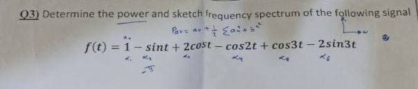 Q3) Determine the power and sketch frequency spectrum of the following signal
Pavs at+ Eait
f(t) = 1- sint + 2cost – cos2t + cos3t-2sin3t

