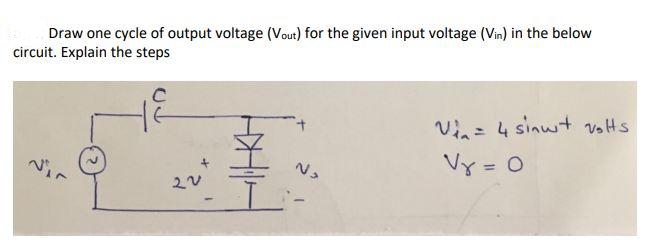 Draw one cycle of output voltage (Vout) for the given input voltage (Vin) in the below
circuit. Explain the steps
Vin= 4 sinwt vots
Vy = 0
%3D
