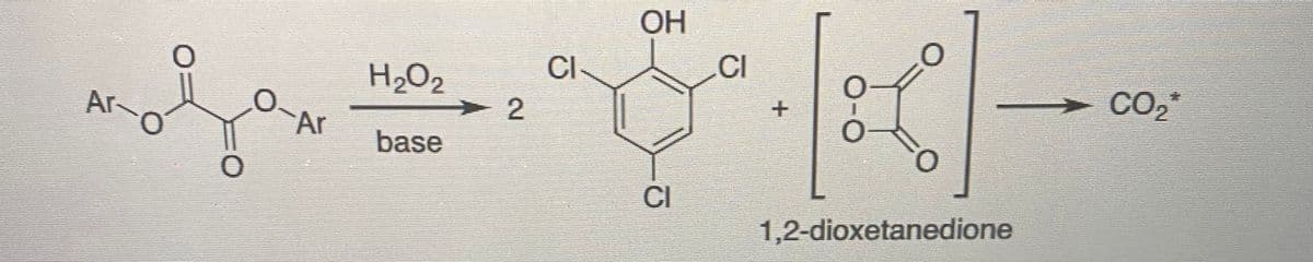 Ar
Ar
H₂O₂
base
2
Cl
OH
CI
CI
+
1,2-dioxetanedione
CO₂*