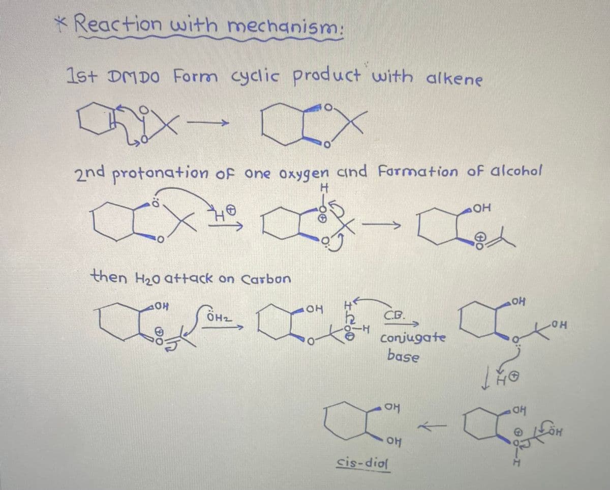 * Reaction with mechanism:
1st DMDO Form cyclic product with alkene
2nd protonation of one oxygen and Formation of alcohol
ö
od
then H₂0 attack on Carbon
ОН
ÖH₂
OH
OH
-H
CB.
Conjugate
base
OH
OH
C
cis-diol
F
OH
OH
OH
OH
för