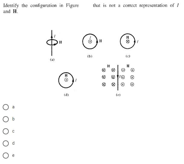 that is not a correct representation o-
Identify the configuration in Figure
and H.
H
(b)
(c)
(a)
H.
(d)
(e)
a
e
