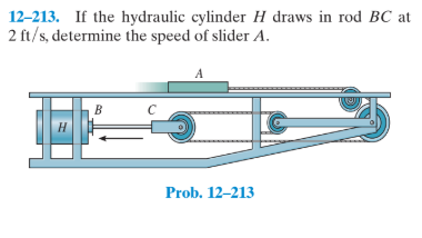 12-213. If the hydraulic cylinder H draws in rod BC at
2 ft/s, determine the speed of slider A.
A
Н
Prob. 12–213
