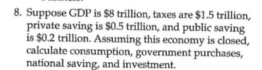 8. Suppose GDP is $8 trillion, taxes are $1.5 trillion,
private saving is $0.5 trillion, and public saving
is $0.2 trillion. Assuming this economy is closed,
calculate consumption, government purchases,
national saving, and investment.