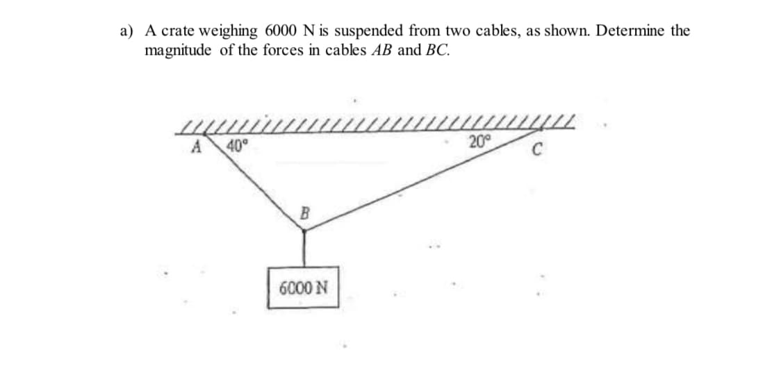a) A crate weighing 6000 N is suspended from two cables, as shown. Determine the
magnitude of the forces in cables AB and BC.
(1
A
40°
B
6000 N
20°
www