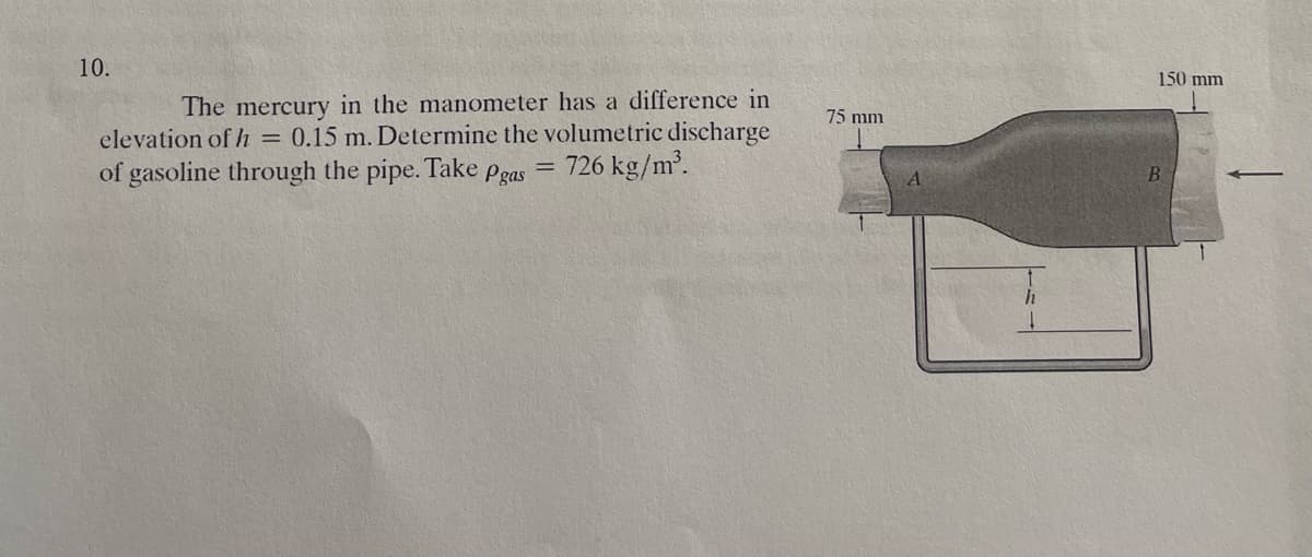 10.
The mercury in the manometer has a difference in
elevation of h = 0.15 m. Determine the volumetric discharge
of gasoline through the pipe. Take Pgas 726 kg/m³.
=
75 mm
150 mm
B