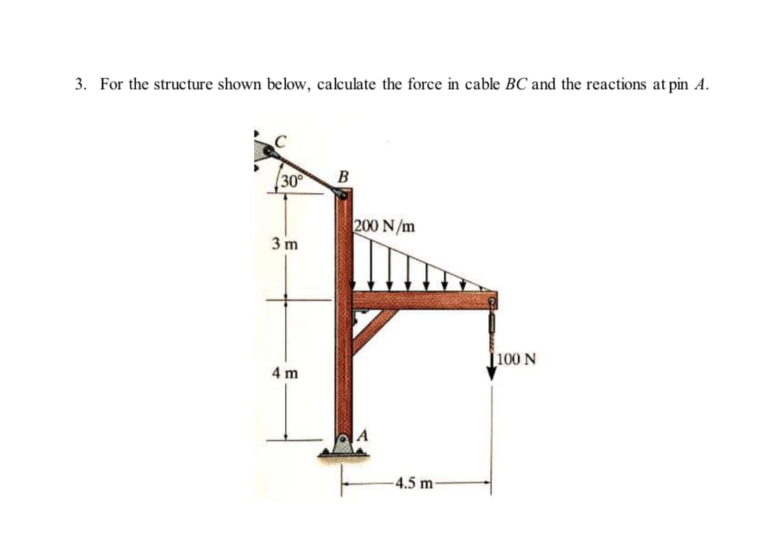 3. For the structure shown below, calculate the force in cable BC and the reactions at pin A.
30° B
200N/m
3 m
ㅏ
4 m
-4.5 m
[100 N