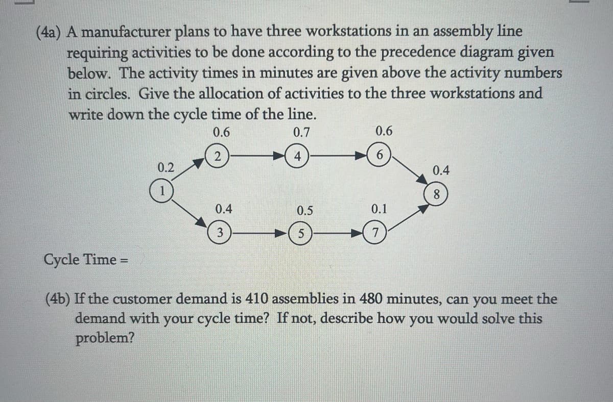 (4a) A manufacturer plans to have three workstations in an assembly line
requiring activities to be done according to the precedence diagram given
below. The activity times in minutes are given above the activity numbers
in circles. Give the allocation of activities to the three workstations and
write down the cycle time of the line.
0.6
0.7
2
4
0.2
0.6
0.4
8
0.4
0.5
0.1
3
5
7
Cycle Time =
(4b) If the customer demand is 410 assemblies in 480 minutes, can you meet the
demand with your cycle time? If not, describe how you would solve this
problem?