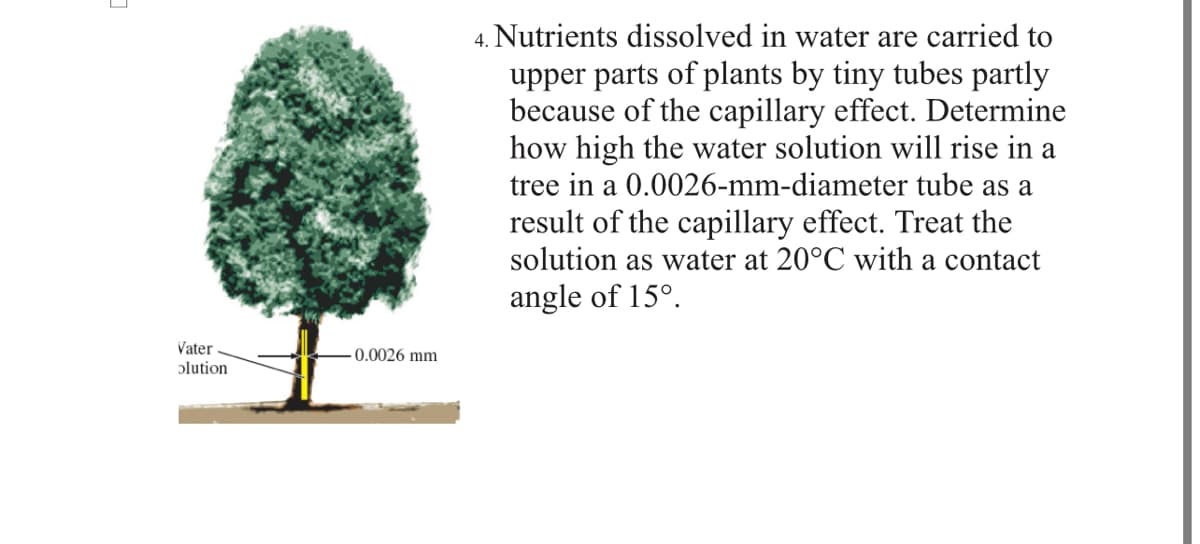 Vater
olution
-0.0026 mm
4. Nutrients dissolved in water are carried to
upper parts of plants by tiny tubes partly
because of the capillary effect. Determine
how high the water solution will rise in a
tree in a 0.0026-mm-diameter tube as a
result of the capillary effect. Treat the
solution as water at 20°C with a contact
angle of 15°.