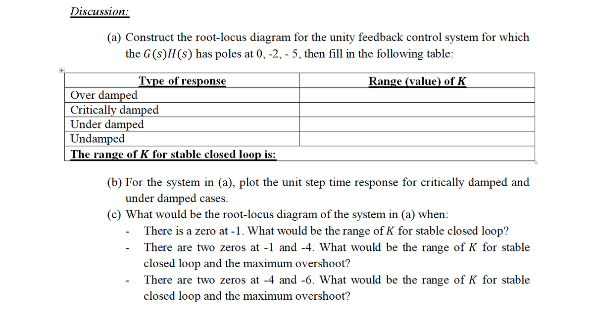 Discussion:
(a) Construct the root-locus diagram for the unity feedback control system for which
the G(s)H(s) has poles at 0, -2, - 5, then fill in the following table:
Type of response
Range (value) of K
Over damped
Critically damped
Under damped
Undamped
The range of K for stable closed loop is:
(b) For the system in (a), plot the unit step time response for critically danmped and
under damped cases.
(c) What would be the root-locus diagram of the system in (a) when:
There is a zero at -1. What would be the range of K for stable closed loop?
There are two zeros at -1 and -4. What would be the range of K for stable
closed loop and the maximum overshoot?
There are two zeros at -4 and -6. What would be the range of K for stable
closed loop and the maximum overshoot?
