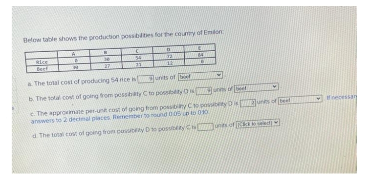 Below table shows the production possibilities for the country of Emilon:
АИИ
ĎLI VISTĒMA
84
e
VE 0
30
Rice
Beef
B
1930
27
C
54
21
72
12
a. The total cost of producing 54 rice is
9 units of beef
b. The total cost of going from possibility C to possibility D is 9 units of beef
c. The approximate per-unit cost of going from possibility C to possibility D is 2 units of beef
answers to 2 decimal places. Remember to round 0,05 up to 010
d. The total cost of going from possibility D to possibility C is units of (Click to select)
If necessan