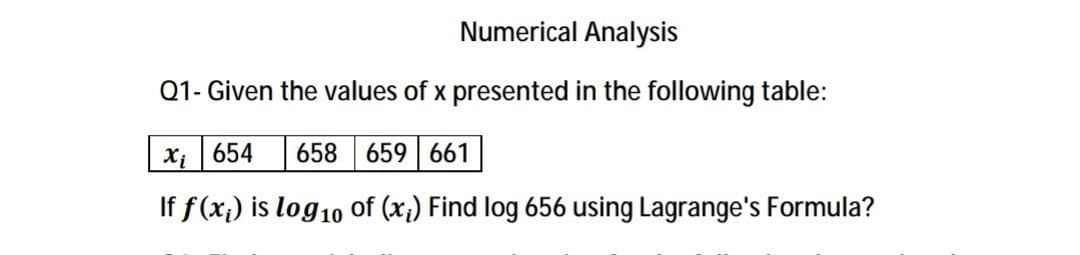 Numerical Analysis
Q1- Given the values of x presented in the following table:
X 654
658 659 661
If f (x;) is log10 of (x;) Find log 656 using Lagrange's Formula?
