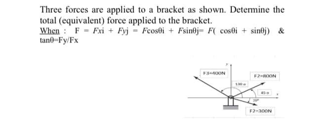 Three forces are applied to a bracket as shown. Determine the
total (equivalent) force applied to the bracket.
When : F = Fxi + Fyj = Fcos0i + Fsin@j= F( cos0i + sin©j) &
tan0–Fy/Fx
F3=40ON
F2=80ON
130 o
450
20
F2=30ON
