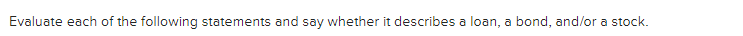 Evaluate each of the following statements and say whether it describes a loan, a bond, and/or a stock.
