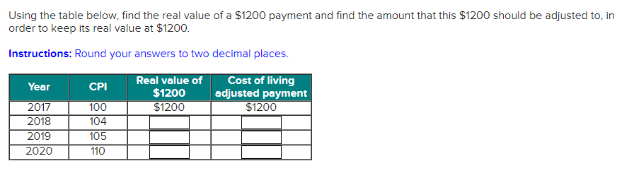 Using the table below, find the real value of a $1200 payment and find the amount that this $1200 should be adjusted to, in
order to keep its real value at $1200.
Instructions: Round your answers to two decimal places.
Cost of living
adjusted payment
$1200
Real value of
Year
CPI
$1200
100
104
105
2017
$1200
2018
2019
2020
110
