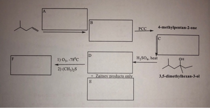 PCC
4-methylpentan-2-one
1) O3, -78°C
H,SO4, heat
Он
2) (CH3)2S
+Zaitsev products only
3,5-dimethylhexan-3-ol
