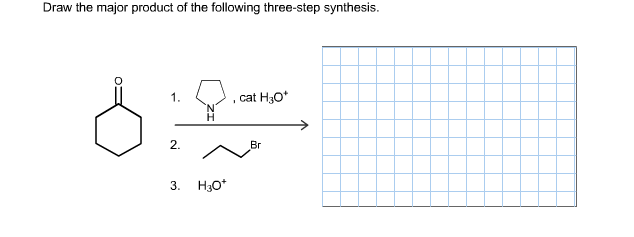 Draw the major product of the following three-step synthesis.
1.
cat H3O*
2.
Br
3. Н,о*
