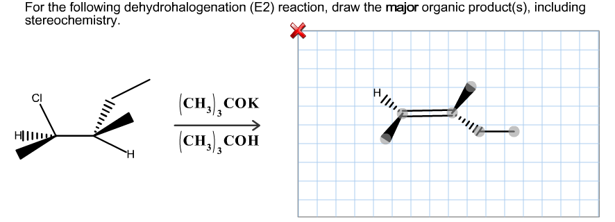 For the following dehydrohalogenation (E2) reaction, draw the major organic product(s), including
stereochemistry
СH,Сок
(CH, Сон
H
