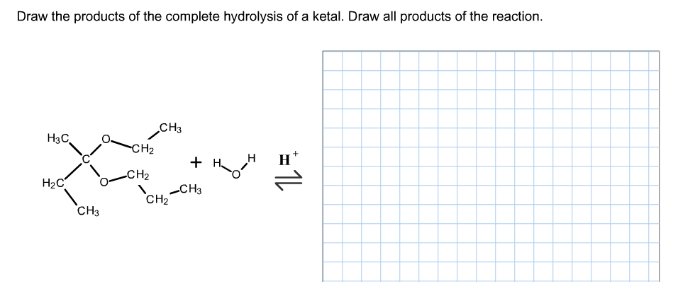 Draw the products of the complete hydrolysis of a ketal. Draw all products of the reaction.
CHз
Нас,
CH2
+ H.
н
-CH2
H2C
CH3
CH2
СHз
