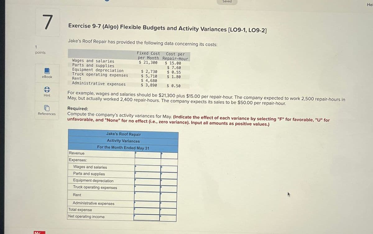 Saved
7
Exercise 9-7 (Algo) Flexible Budgets and Activity Variances [LO9-1, LO9-2]
Jake's Roof Repair has provided the following data concerning its costs:
1
points
Wages and salaries
Fixed Cost Cost per
per Month Repair-Hour
Parts and supplies
Equipment depreciation
$ 21,300
$ 15.00
$ 7.60
$ 2,730
eBook
Truck operating expenses
Rent
$ 0.55
$ 5,710
$ 1.80
$ 4,680
$ 3,890
$ 0.50
Hint
References
Administrative expenses
For example, wages and salaries should be $21,300 plus $15.00 per repair-hour. The company expected to work 2,500 repair-hours in
May, but actually worked 2,400 repair-hours. The company expects its sales to be $50.00 per repair-hour.
Required:
Compute the company's activity variances for May. (Indicate the effect of each variance by selecting "F" for favorable, "U" for
unfavorable, and "None" for no effect (i.e., zero variance). Input all amounts as positive values.)
Jake's Roof Repair
Activity Variances
For the Month Ended May 31
Mc
Revenue
Expenses:
Wages and salaries
Parts and supplies
Equipment depreciation
Truck operating expenses
Rent
Administrative expenses
Total expense
Net operating income
Hel