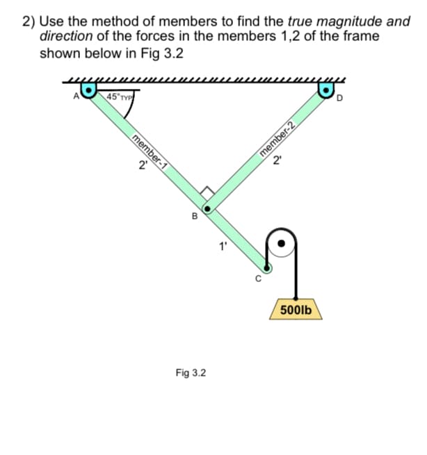 2) Use the method of members to find the true magnitude and
direction of the forces in the members 1,2 of the frame
shown below in Fig 3.2
45 TYP
member-1
2
3
Fig 3.2
1'
member-2
2₁
500lb
D
