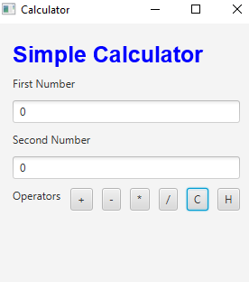 Calculator
Simple Calculator
First Number
Second Number
Operators
H
