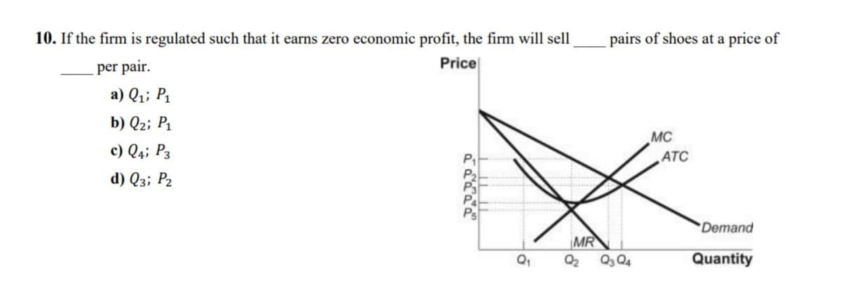 10. If the firm is regulated such that it earns zero economic profit, the firm will sell
pairs of shoes at a price of
per pair.
a) Q₁; P₁
b) Q2; P1
c) Q4; P3
d) Q3; P2
Price
MC
ATC
Demand
MR
Q₁
Q₂
Q3 Q4
Quantity