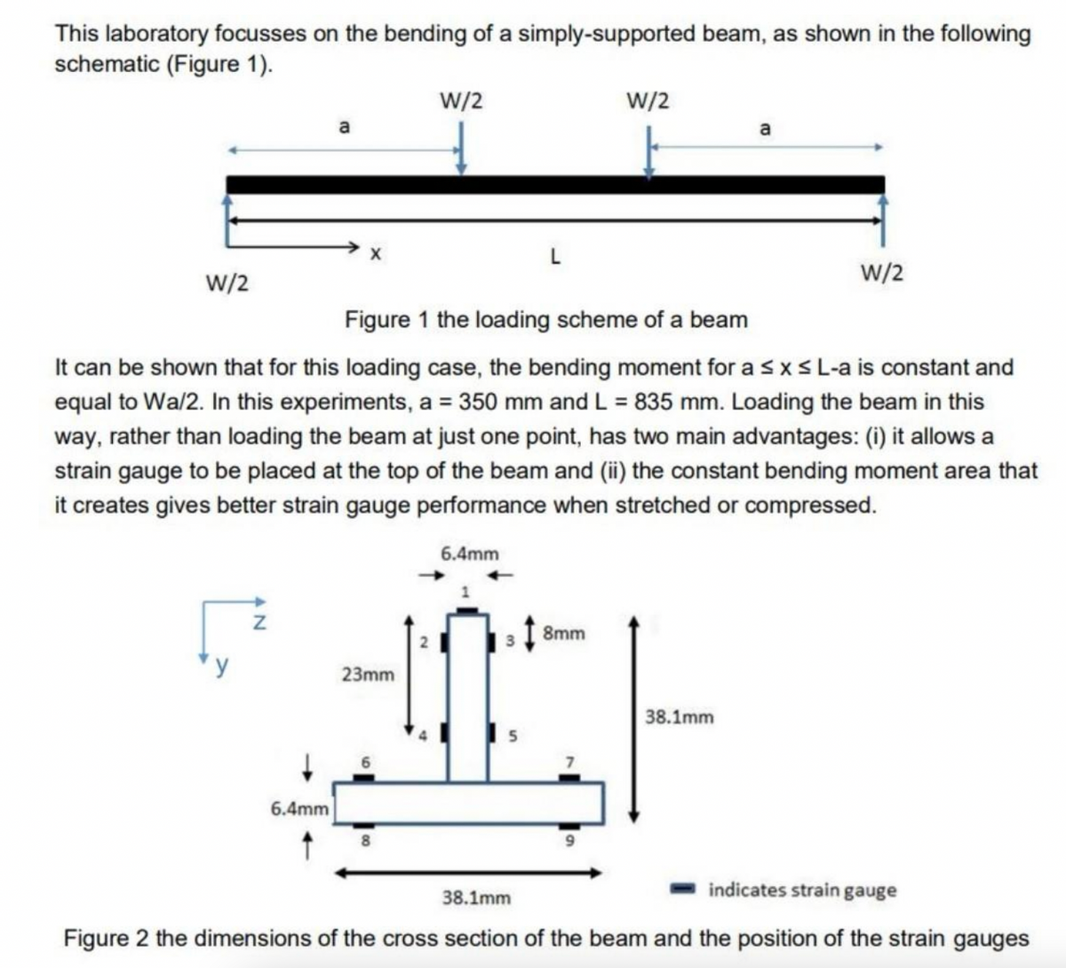 This laboratory focusses on the bending of a simply-supported beam, as shown in the following
schematic (Figure 1).
W/2
Z
a
6.4mm
X
W/2
23mm
Figure 1 the loading scheme of a beam
It can be shown that for this loading case, the bending moment for a ≤ x ≤ L-a is constant and
equal to Wa/2. In this experiments, a = 350 mm and L = 835 mm. Loading the beam in this
way, rather than loading the beam at just one point, has two main advantages: (i) it allows a
strain gauge to be placed at the top of the beam and (ii) the constant bending moment area that
it creates gives better strain gauge performance when stretched or compressed.
6.4mm
W/2
8mm
a
38.1mm
W/2
indicates strain gauge
38.1mm
Figure 2 the dimensions of the cross section of the beam and the position of the strain gauges