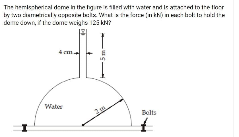 The hemispherical dome in the figure is filled with water and is attached to the floor
by two diametrically opposite bolts. What is the force (in kN) in each bolt to hold the
dome down, if the dome weighs 125 kN?
4 cm.
Water
2 m
Bolts
5 m
