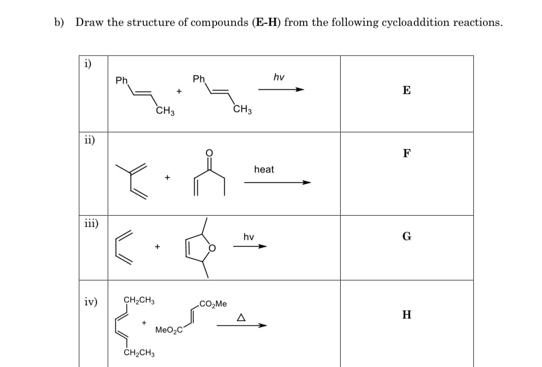 b) Draw the structure of compounds (E-H) from the following cycloaddition reactions.
i)
Ph
Ph
hv
+
E
CH3
CH3
ii)
F
heat
ii1)
hv
G
iv)
CH2CH3
.CO2Me
A
H
+
MeO,C
ČH2CH3
