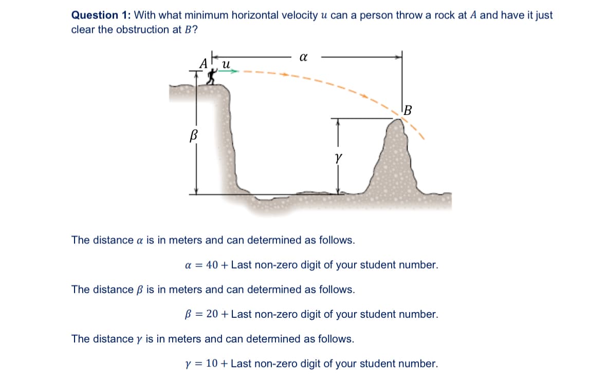 Question 1: With what minimum horizontal velocity u can a person throw a rock at A and have it just
clear the obstruction at B?
α
A
и
γ
B
The distance a is in meters and can determined as follows.
a = 40+ Last non-zero digit of your student number.
The distance ẞ is in meters and can determined as follows.
B = 20+ Last non-zero digit of your student number.
The distance y is in meters and can determined as follows.
y = 10+ Last non-zero digit of your student number.
