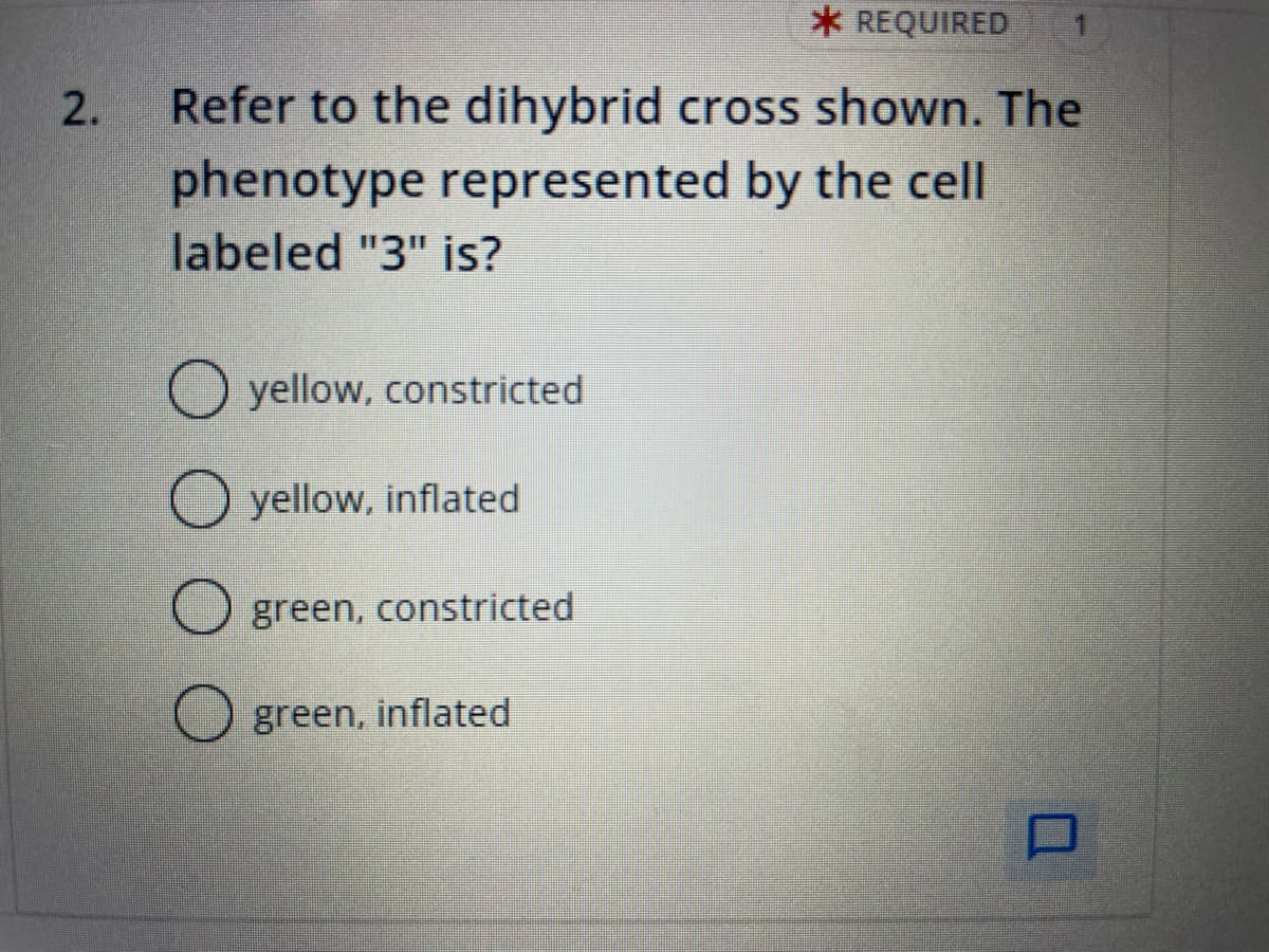 2.
* REQUIRED 1
Refer to the dihybrid cross shown. The
phenotype represented by the cell
labeled "3" is?
O yellow, constricted
O yellow, inflated
green, constricted
O green, inflated