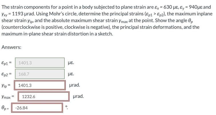 The strain components for a point in a body subjected to plane strain are ɛx = 630 µe, ɛ, = 940µE and
Vay = 1193 urad. Using Mohr's circle, determine the principal strains (sp1 > Ep2), the maximum inplane
shear strain yip, and the absolute maximum shear strain ymax at the point. Show the angle 0,
(counterclockwise is positive, clockwise is negative), the principal strain deformations, and the
maximum in-plane shear strain distortion in a sketch.
Answers:
Ep1 =
1401.3
HE.
Ep2 =
168.7
µE.
Vip =
1401.3
prad.
Ymax
1232.6
prad.
%3D
Op =
-26.84
