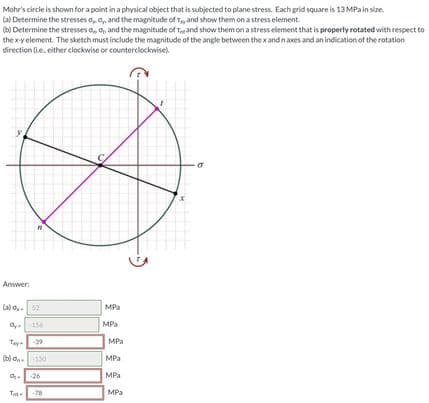 Mohr's circle is shown for a point in a physical object that is subjected to plane stress. Each grid square is 13 MPain size.
(a) Determine the stresses o, a, and the magnitude of T, and show them on a stress element.
(b) Determine the stresses o, a, and the magnitude of Te and show them on a stress element that is properly rotated with respect to
the x-y element. The sketch must include the magnitude of the angle between the x and n axes and an indication of the rotation
direction (ie. either clockwise or counterclockwise).
Answer:
(a) o, 52
MPa
156
MPa
MPa
MPa
4.-26
MPa
Tat
-78
MPa
