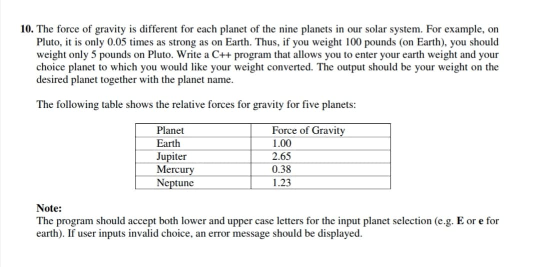 10. The force of gravity is different for each planet of the nine planets in our solar system. For example, on
Pluto, it is only 0.05 times as strong as on Earth. Thus, if you weight 100 pounds (on Earth), you should
weight only 5 pounds on Pluto. Write a C++ program that allows you to enter your earth weight and your
choice planet to which you would like your weight converted. The output should be your weight on the
desired planet together with the planet name.
The following table shows the relative forces for gravity for five planets:
Planet
Force of Gravity
Earth
1.00
Jupiter
Mercury
Neptune
2.65
0.38
1.23
Note:
The program should accept both lower and upper case letters for the input planet selection (e.g. E or e for
earth). If user inputs invalid choice, an error message should be displayed.
